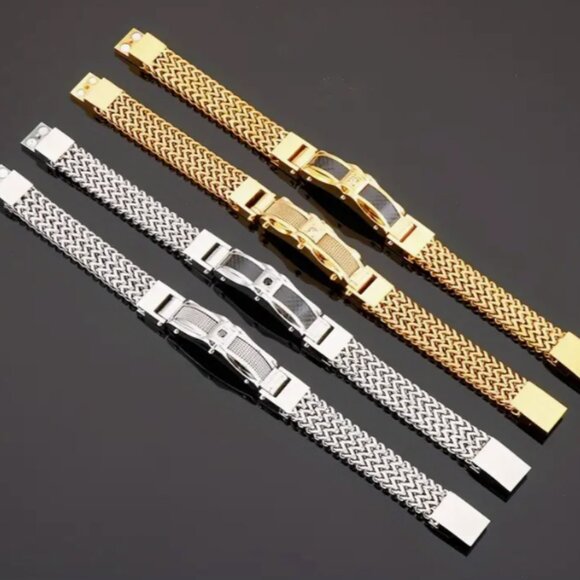 Stainless Steel Bracelet with Sparkling Accents - Rock-Inspired Braided Chain - Picture 3 of 7